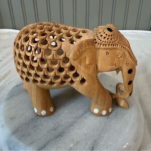 Vintage Hand Carved Indian Wooden Elephant Pierced Lattice Folk Art Figurine